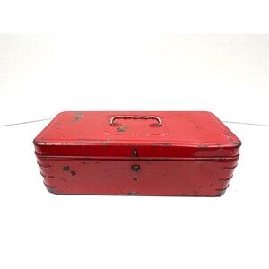 Vtg 1940s Red Metal Tool box Little Pal Handy Kit Art Deco Tool Box Salvage